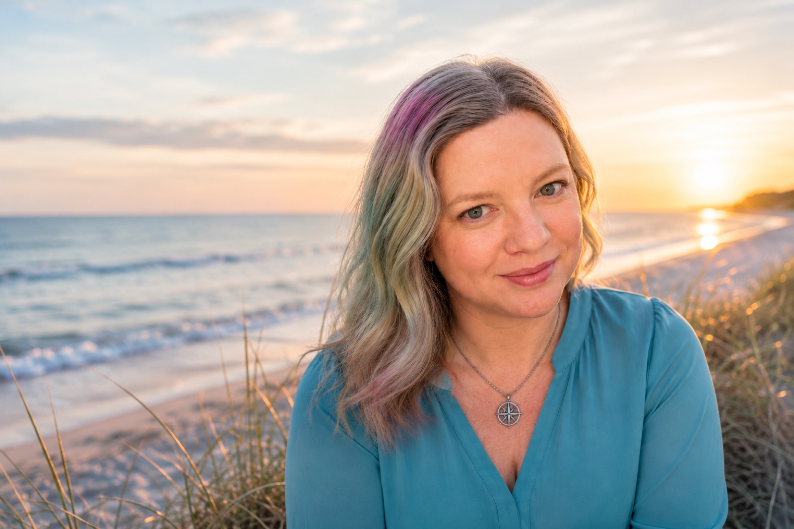 Elizabeth Ann West on the beach at golden hour